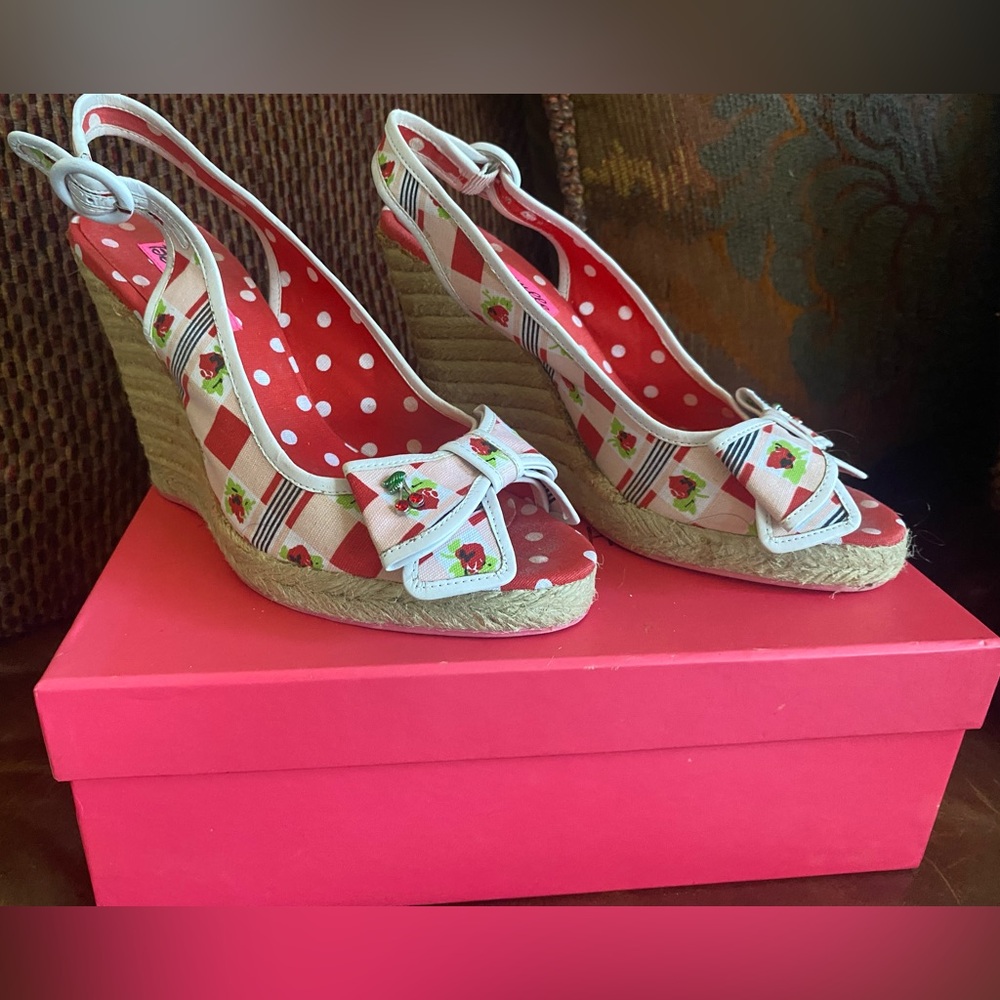 Betsey Johnson Cherry Rhinestone Charms Picnic Bow Wedge High Heel Shoes